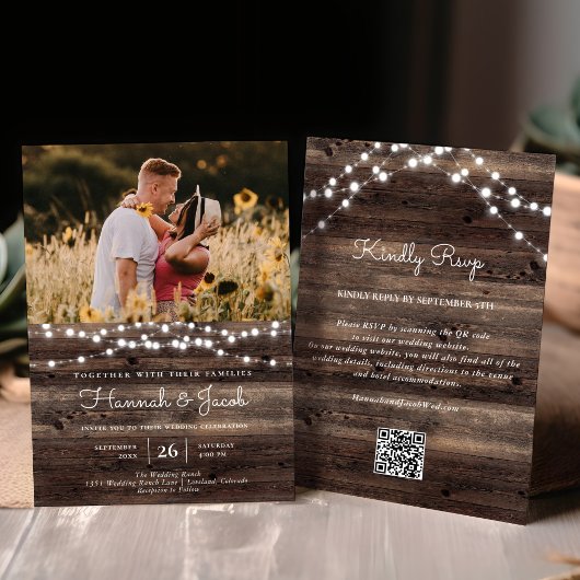 Rustic String Light Barn Wood QR Code UAWG Wedding Einladung