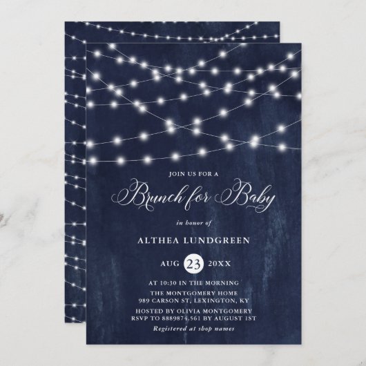 Rustic String Lights Blue Baby Dusche Brunch Einladung (Vorne/Hinten)