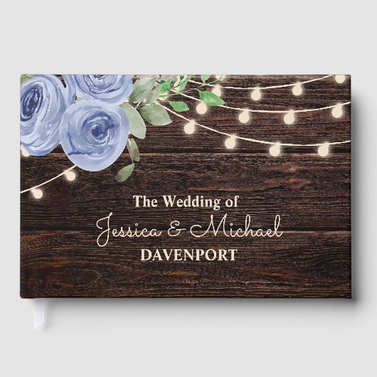 Rustic String Lights Blue Floral Wedding Gästebuch (Vorderseite)