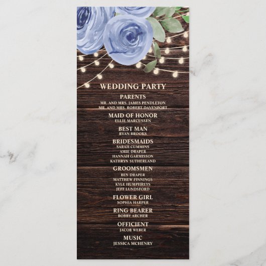 Rustic String Lights Blue Floral Wedding Program Programm (Rückseite)
