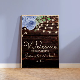 Rustic String Lights Blue Floral Wedding Willkomme Poster