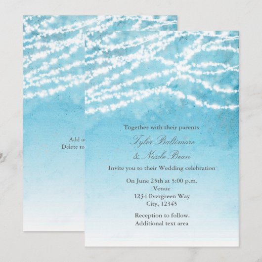 Rustic String Lights Blue Wedding Einladung (Vorne/Hinten)