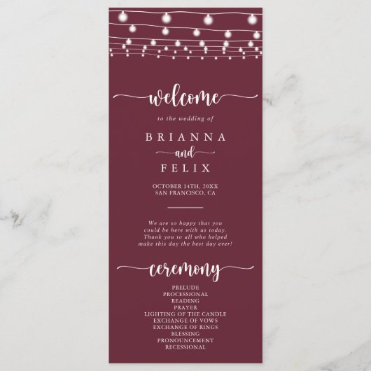 Rustic String Lights Burgundy Wedding Program Programm (Vorderseite)