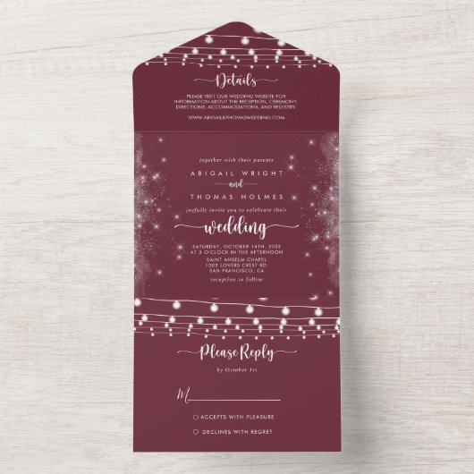 Rustic String Lights Calligraphy Burgundy Wedding  All In One Einladung (Innen)