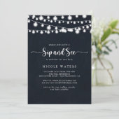 Rustic String Lights Calligraphy Sip und Siehe Einladung (Stehend Vorderseite)