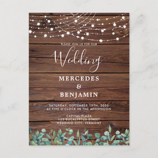 Rustic String Lights Eucalyptus County Wedding Einladungspostkarte (Vorderseite)