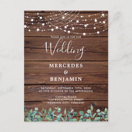 Rustic String Lights Eucalyptus County Wedding Postkarte (Vorderseite)