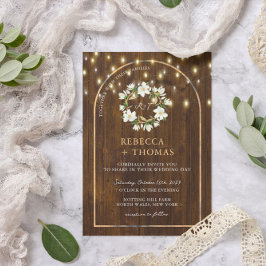 Rustic String Lights Gold Arch Magnolia Wedding Einladung