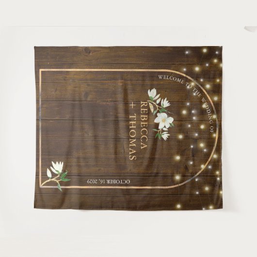 Rustic String Lights Gold Arch Magnolia Wedding Wandteppich (Vorderseite (Horizontal))