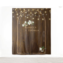 Rustic String Lights Gold Arch Magnolia Wedding