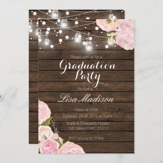 Rustic String Lights Graduation Party Card Summer Einladung (Vorne/Hinten)