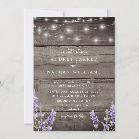 Rustic String Lights Lavender QR Code Wedding Einladung (Vorderseite)