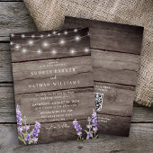 Rustic String Lights Lavender QR Code Wedding Einladung