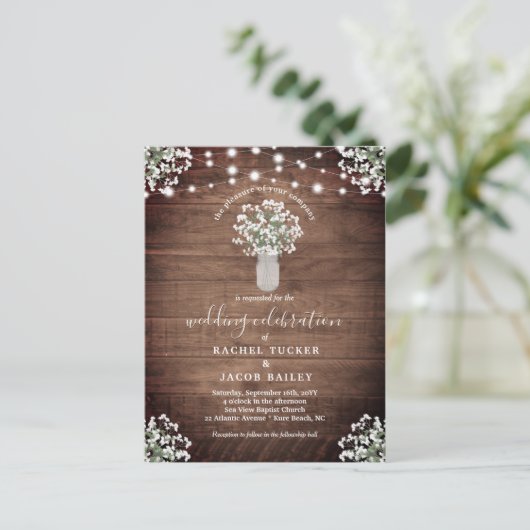 Rustic String Lights Mason Jar Budget Wedding Postkarte (Stehend Vorderseite)