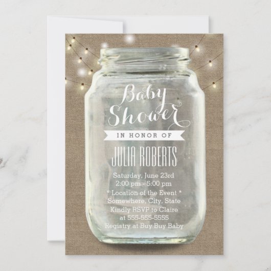 Rustic String Lights Mason Jar Burlap Baby Dusche Einladung (Vorderseite)