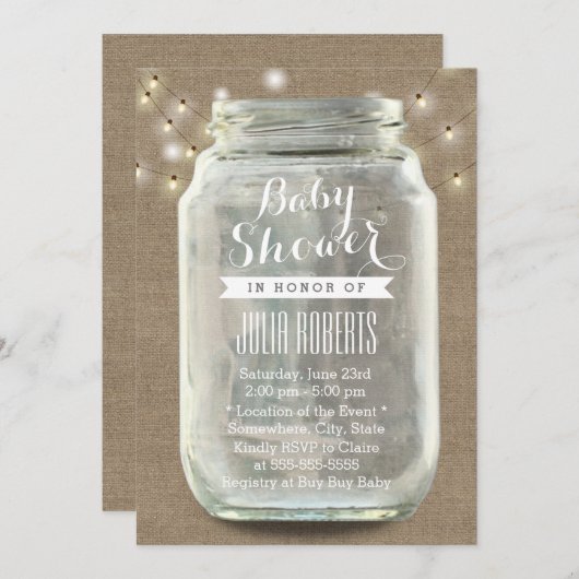 Rustic String Lights Mason Jar Burlap Baby Dusche Einladung (Vorne/Hinten)