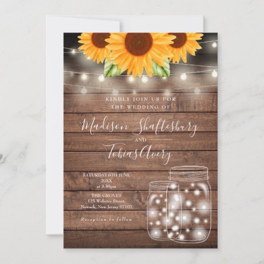 Rustic String Lights Mason Jar Sonnenblumen Hochze Einladung (Vorderseite)