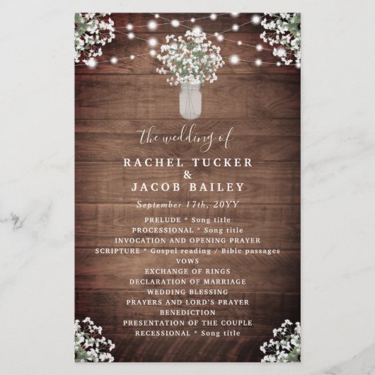 Rustic String Lights Mason Jar Wedding Program (Vorderseite)