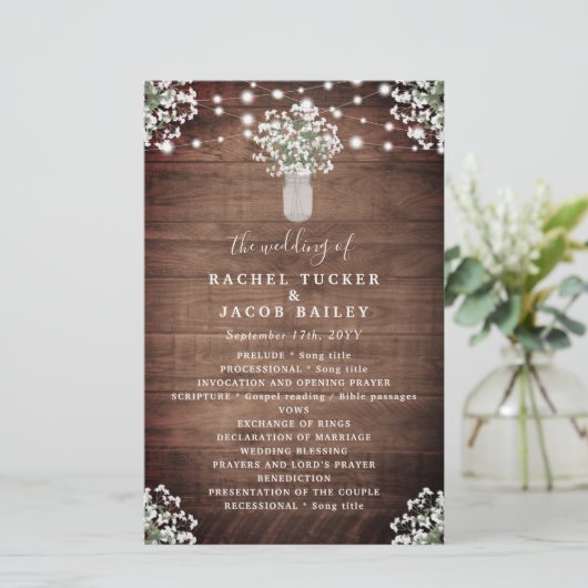 Rustic String Lights Mason Jar Wedding Program (Stehend Vorderseite)