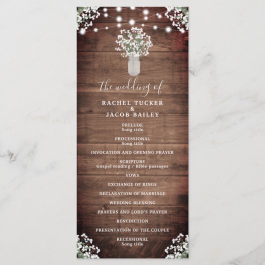 Rustic String Lights Mason Jar Wedding Programm (Vorderseite)