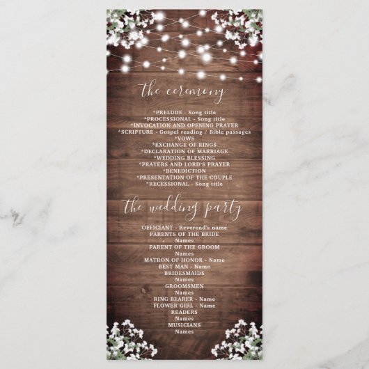 Rustic String Lights Mason Jar Wedding Programm (Rückseite)