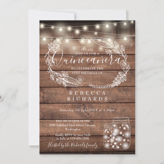 Rustic String Lights Mason Jars Quinceañera 15. Einladung (Vorderseite)