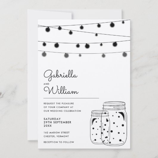 Rustic String Lights Mason Jars Wedding Einladung (Vorderseite)