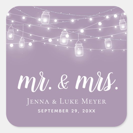 Rustic String Lights Mr. und Mrs. Wedding Monogram Quadratischer Aufkleber (Vorderseite)