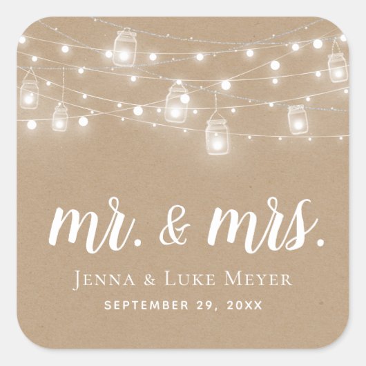 Rustic String Lights Mr. und Mrs. Wedding Monogram Quadratischer Aufkleber (Vorderseite)