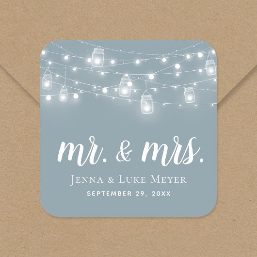 Rustic String Lights Mr. und Mrs. Wedding Monogram Quadratischer Aufkleber