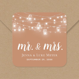 Rustic String Lights Mr. und Mrs. Wedding Monogram Quadratischer Aufkleber