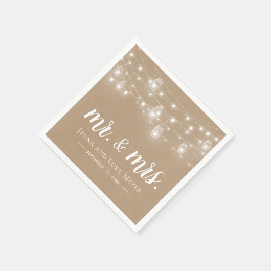 Rustic String Lights Mr. und Mrs. Wedding Monogram Serviette (Ecke)