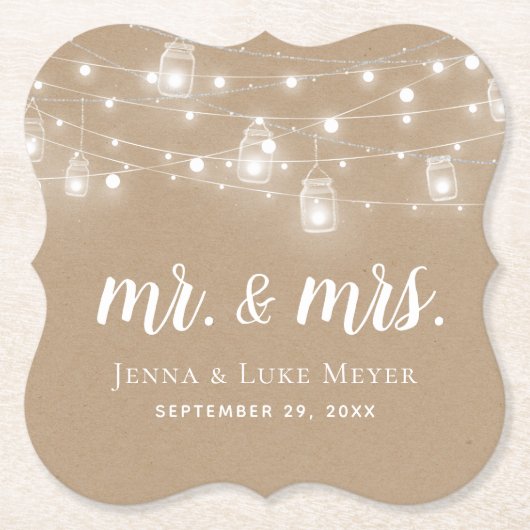 Rustic String Lights Mr. und Mrs. Wedding Monogram Untersetzer (Vorderseite)