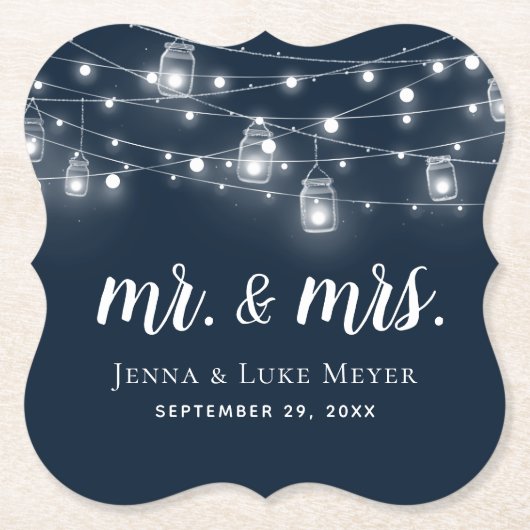 Rustic String Lights Mr. und Mrs. Wedding Monogram Untersetzer (Vorderseite)