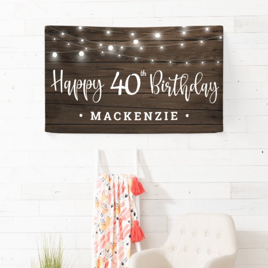 Rustic String Lights on Wood 40th Birthday Banner (Insitu)