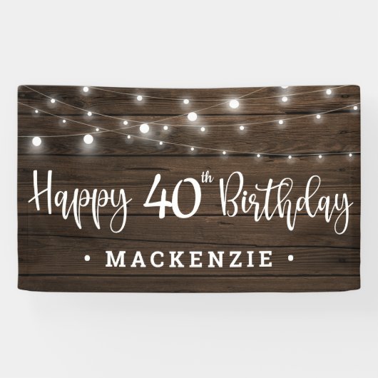 Rustic String Lights on Wood 40th Birthday Banner (Horizontal)