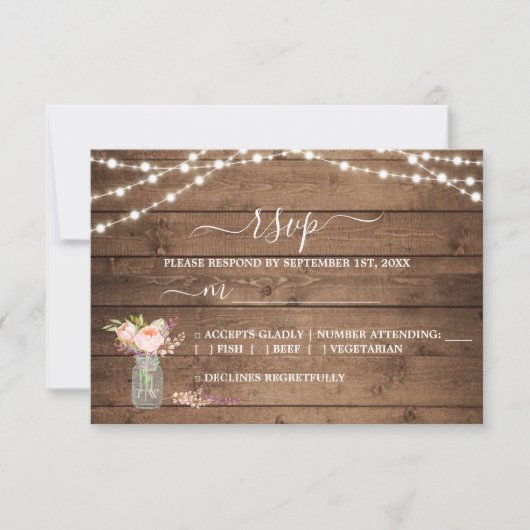 Rustic String Lights Peony Wedding RSVP Karte (Vorderseite)