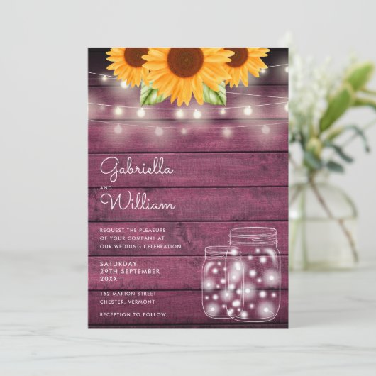 Rustic String Lights Sonnenblume Mason Jars Weddin Einladung (Stehend Vorderseite)