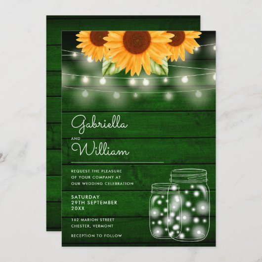 Rustic String Lights Sonnenblume Mason Jars Weddin Einladung (Vorne/Hinten)