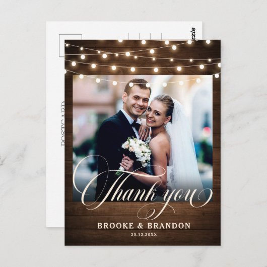 Rustic String Lights Wedding Danke Postkarte (Vorne/Hinten)