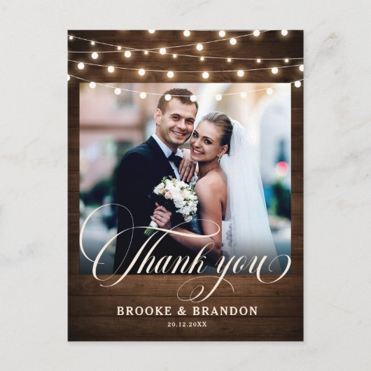 Rustic String Lights Wedding Danke Postkarte (Vorderseite)