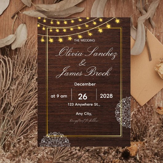 Rustic String Lights Wood Wedding Invitation, Boho Einladung