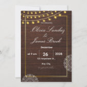 Rustic String Lights Wood Wedding Invitation, Boho Einladung (Vorderseite)