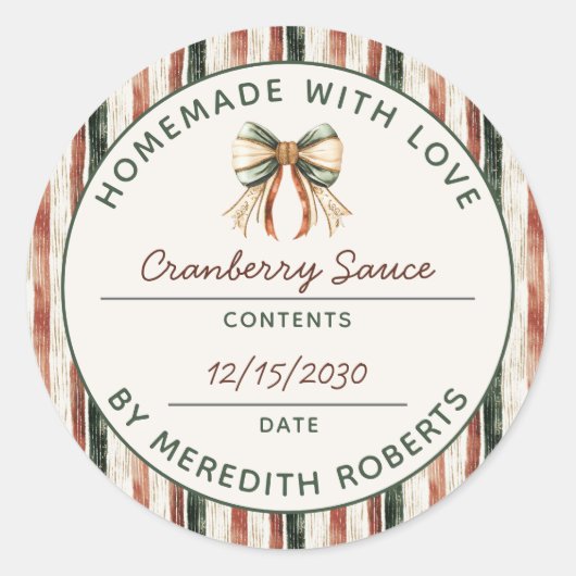 Rustic Stripes Holiday Food Gift Product Label Runder Aufkleber (Vorderseite)