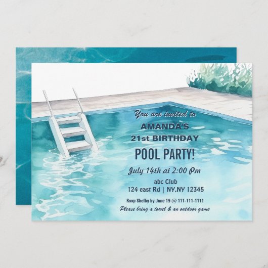 Rustic Summer Swimming Pool Party Birthday Invite Einladung (Vorne/Hinten)