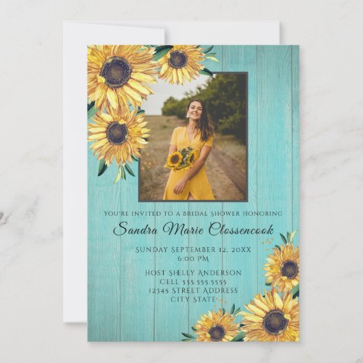 Rustic Sunflower Aqua Wood Wedding Brautparty Einladung (Vorderseite)