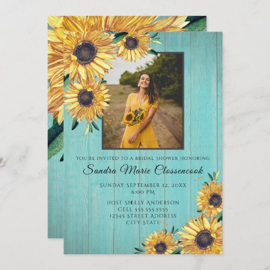 Rustic Sunflower Aqua Wood Wedding Brautparty Einladung (Vorne/Hinten)