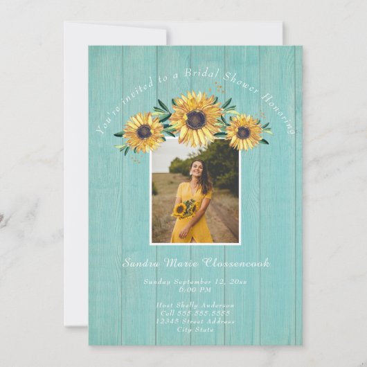 Rustic Sunflower Aqua Wood Wedding Brautparty Einladung (Vorderseite)