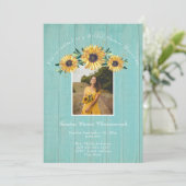 Rustic Sunflower Aqua Wood Wedding Brautparty Einladung (Stehend Vorderseite)