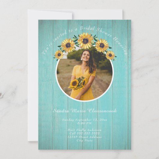 Rustic Sunflower Aqua Wood Wedding Brautparty I Einladung (Vorderseite)